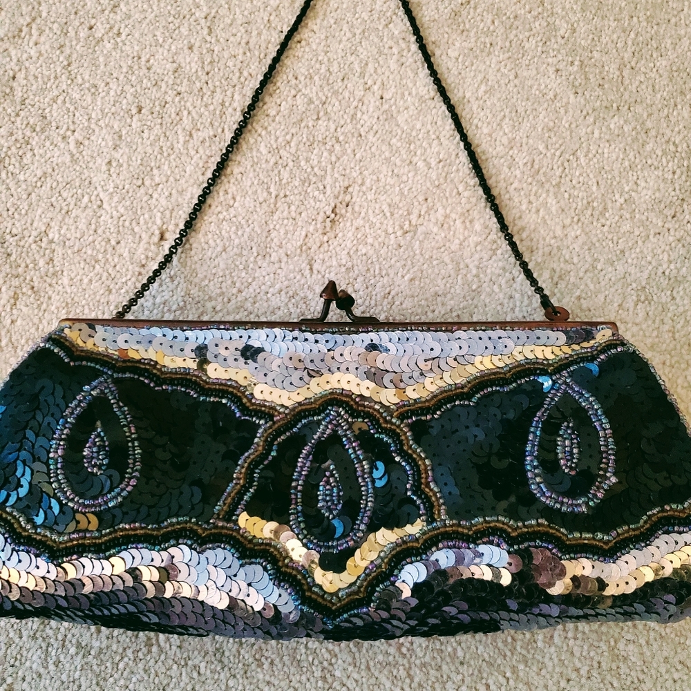 K.C.Malhan Vintage Kiss Lock Clutch Purse Sequin Seed Beads